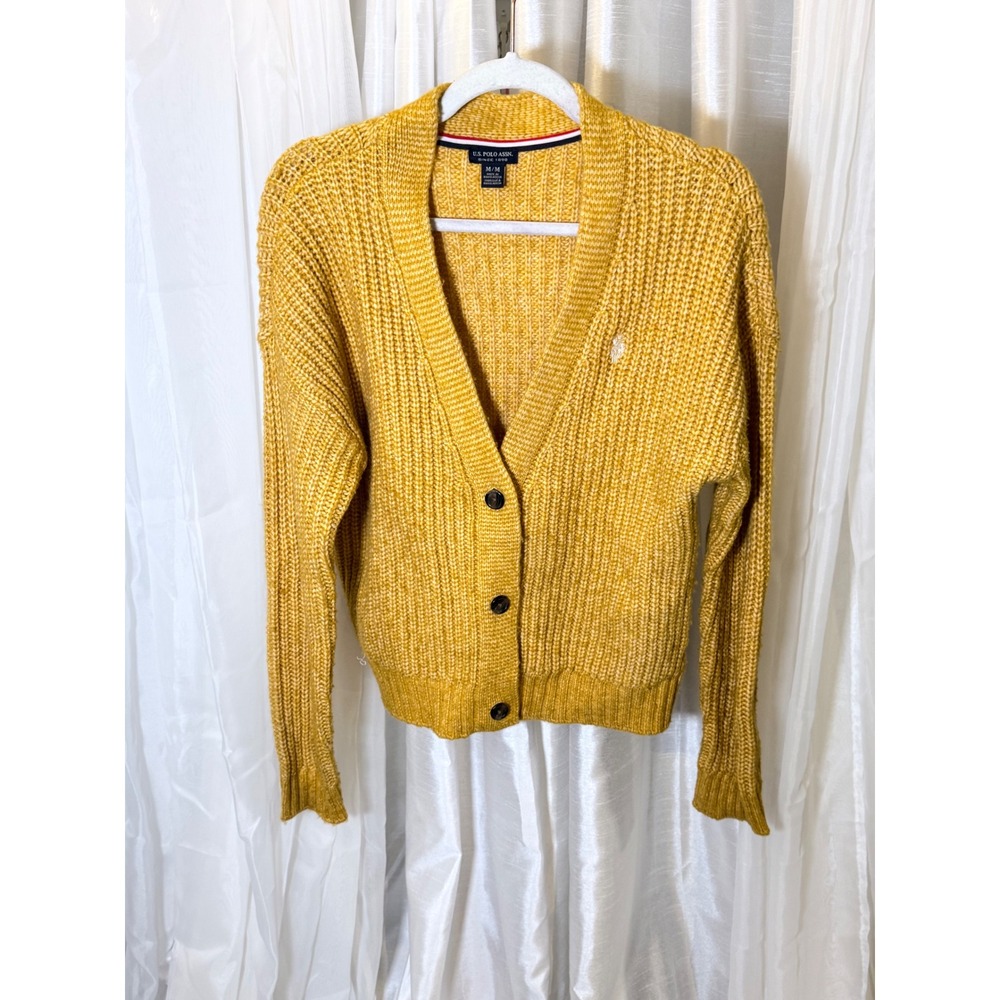 US Polo Assn Cardigan Women Medium Yellow Chunky Knit V-Neck Button Front Logo